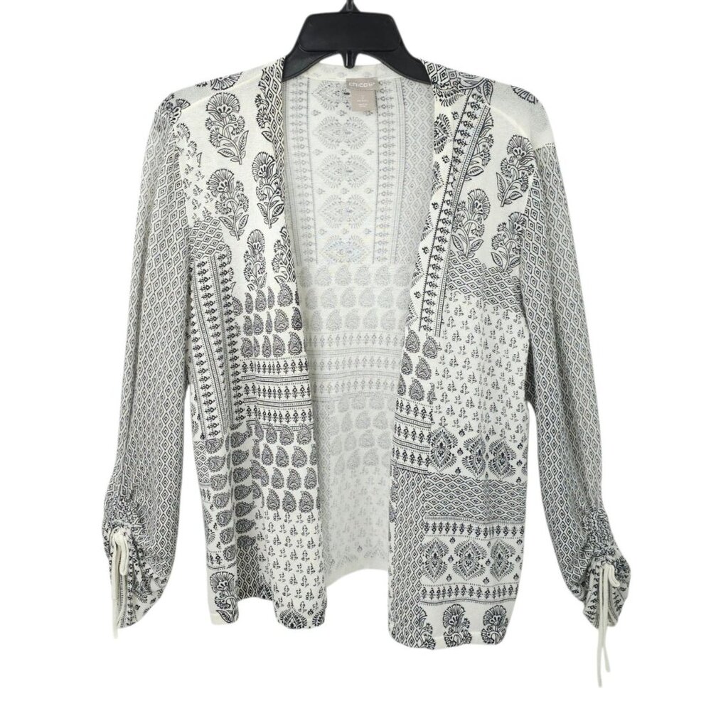 Chicos Open Front Cardigan Womens Size 2 US L Ruched Sleeve Sweater Paisley